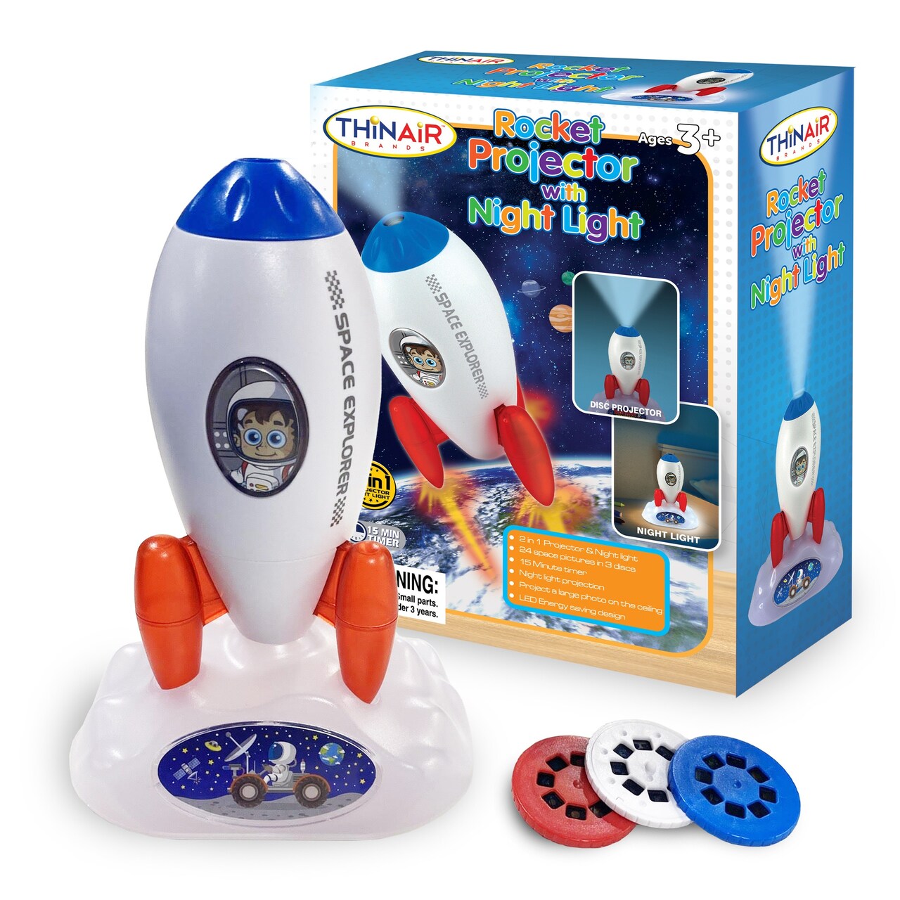 Playful Minds: Rocket Projector Night Light - 2-In-1 Ship Design, Lights-Up Room & Cast Images, 3 Discs w/ 24 Planets-Stars-Outer Space Images, Kid 3+